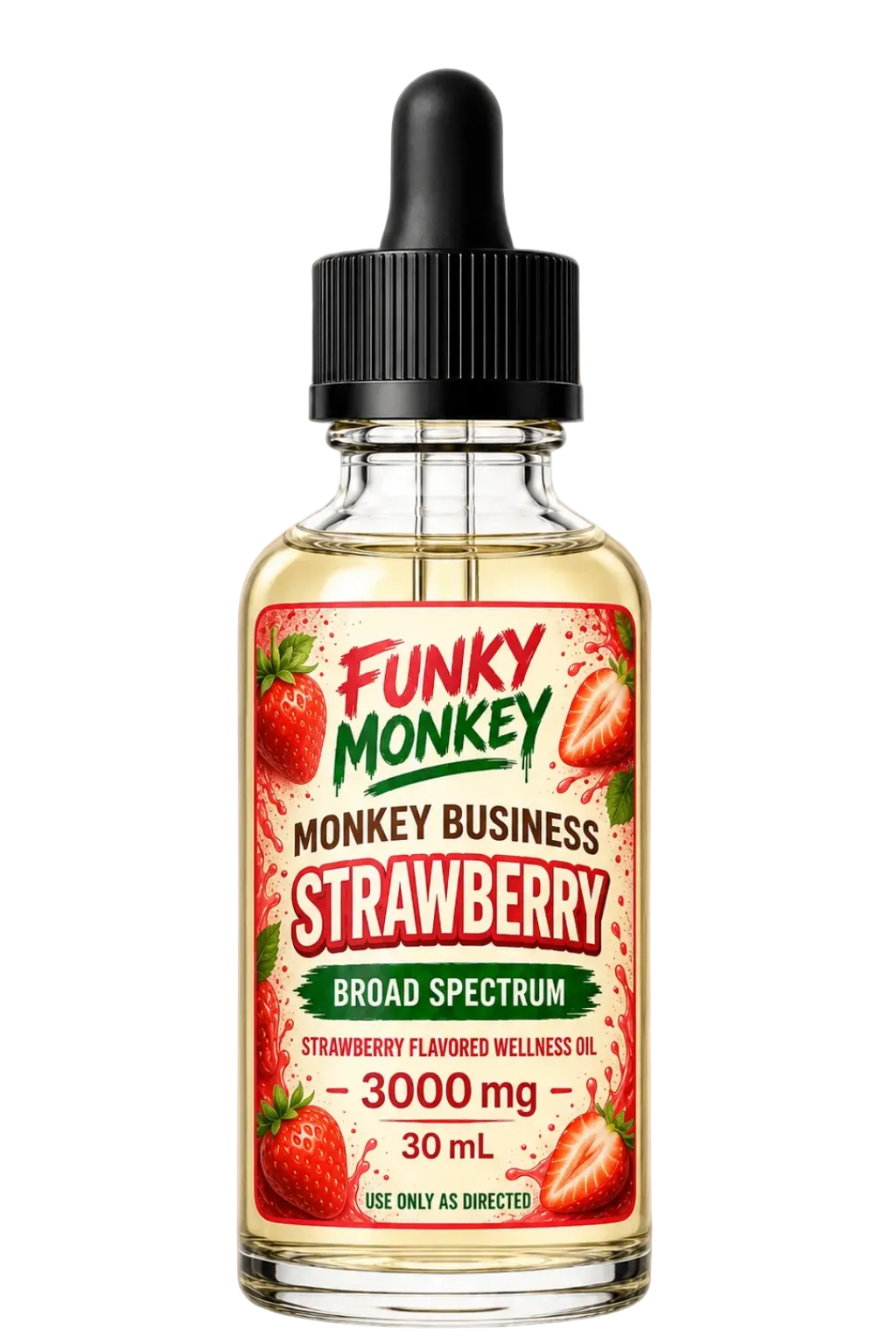 Funky Monkey Strawberry CBD Oil Monkey Business Strawberry 30mL dropper bottle
