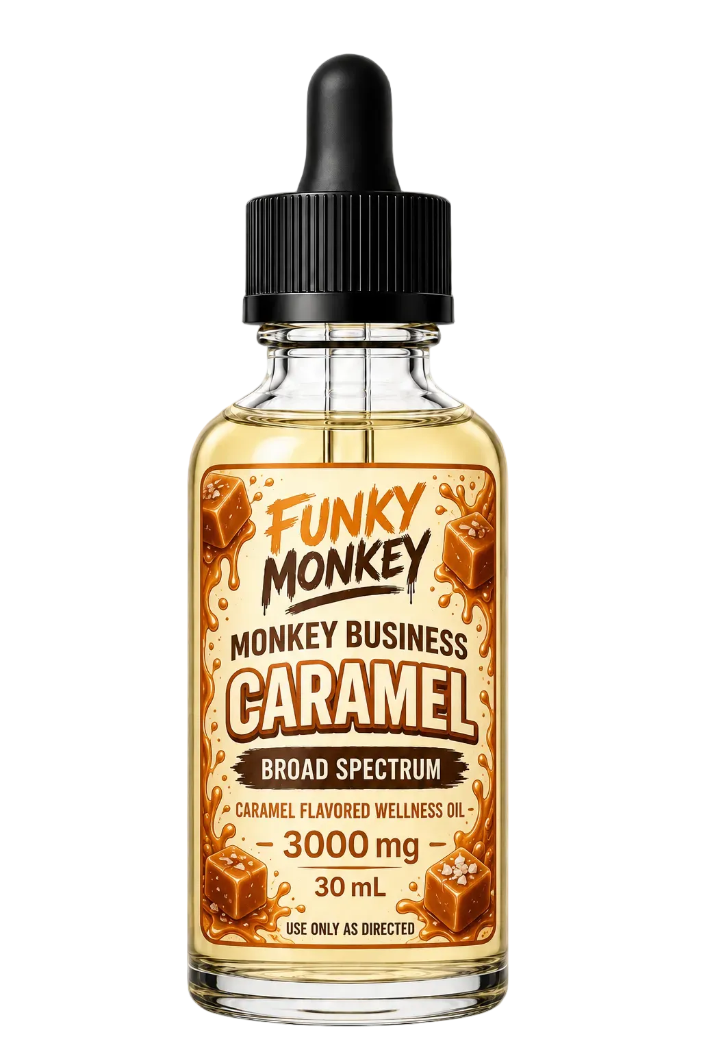 Funky Monkey Caramel CBD Oil Monkey Business Caramel 30mL dropper bottle